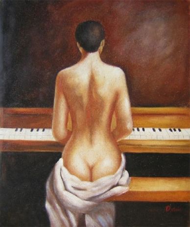 Obraz - žena ze zadu hrající na piano
