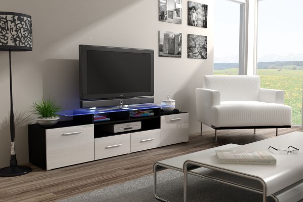 TV stolek Evora černý bílý lesk, modré osvětlení