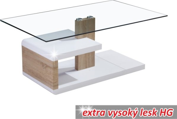 Konferenční stolek LARS, bílá extra vysoký lesk HG / dub sonoma