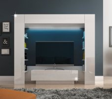 Luxusní TV a media stěna, bílá/bílá extra vysoký lesk, MONTEREJ