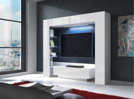 Luxusní TV a media stěna, bílá/bílá extra vysoký lesk, MONTEREJ