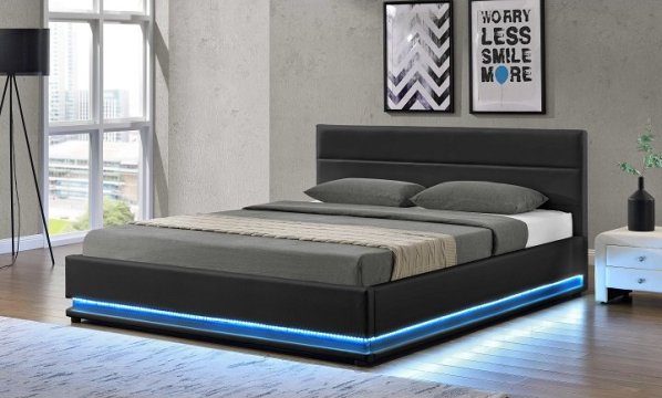 Manželská postel s LED osvětlením, černá, 160x200, BIRGET New