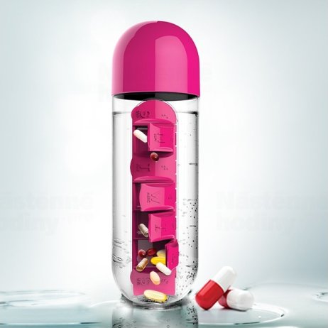 Týdenní dávkovací láhev ASOBU Pill Organizer růžová 600ml