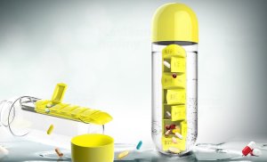 Týdenní dávkovací láhev ASOBU Pill Organizer žlutá 600ml