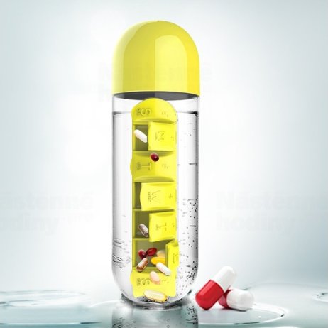 Týdenní dávkovací láhev ASOBU Pill Organizer žlutá 600ml
