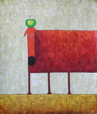 Obraz - Červený pes s jablkem