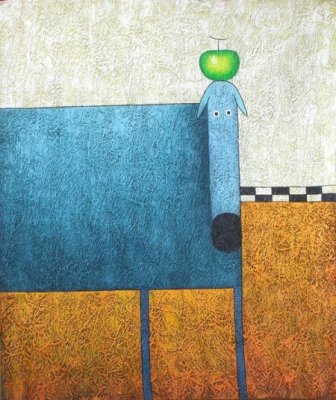 Obraz - Světle modrý pes s jablkem