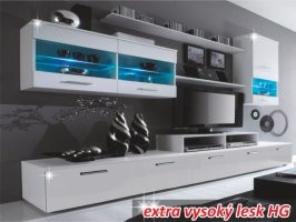 Obývací stěna LEO s LED s osvětlením, bílá / bílá extra vysoký lesk HG