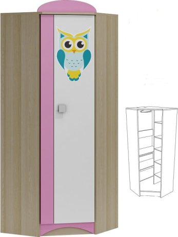Rohová šatní skříň s grafikou OWL ABS 27