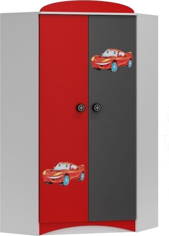 Rohová šatní skříň s grafikou SPEED ABS 28 bílá | grafit | červená