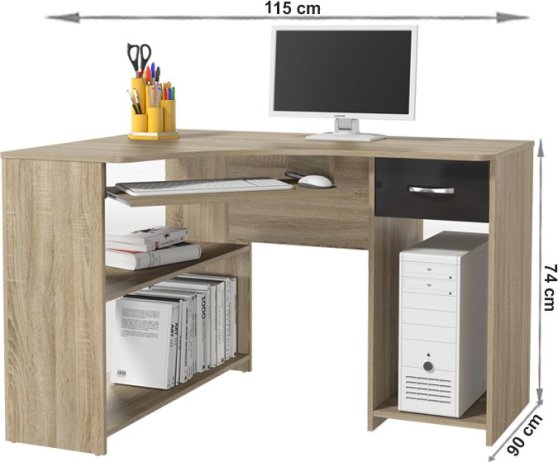 Rohový PC stůl, dub sonoma/černý lesk, UMAG